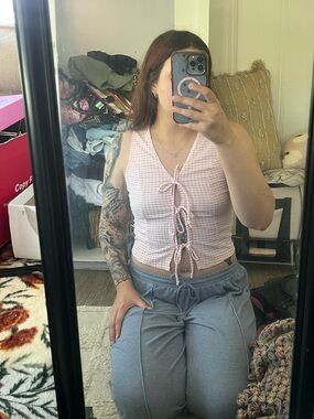 Women’s Pink Gingham Tie-Front Cropped Tank Top